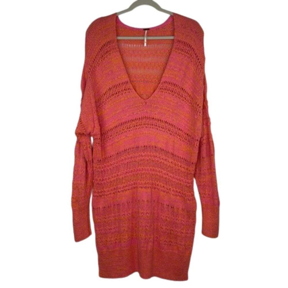 Free People Paloma Combo open knit sweater V-neck long sleeve orange pink size L